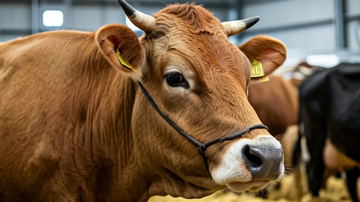 Imagen de una vaca en una feria ganadera.