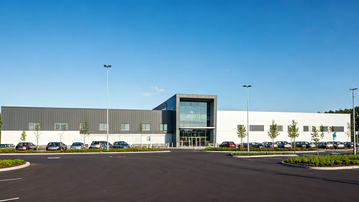 Imagen de una gran superficie comercial moderna en un polígono industrial.