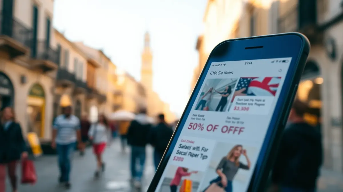 Generic image of a smartphone displaying offers and discounts in a shopping app, with a blurred urban background.
