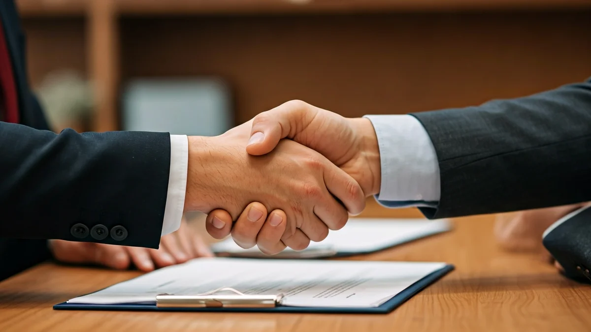 Generic image of two hands shaking over a desk, symbolizing a business agreement.