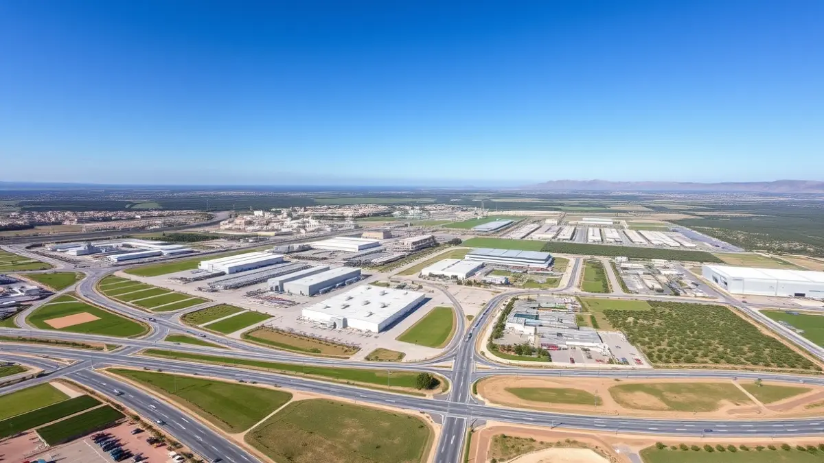 Imagen genérica de un área industrial moderna con carreteras y zonas verdes.