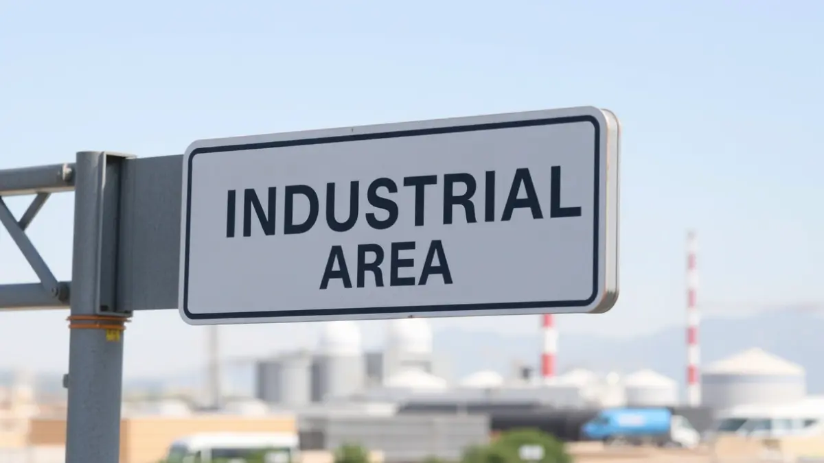 Imagen genérica de una señalización de área industrial con fábricas difuminadas al fondo, bajo un cielo claro.