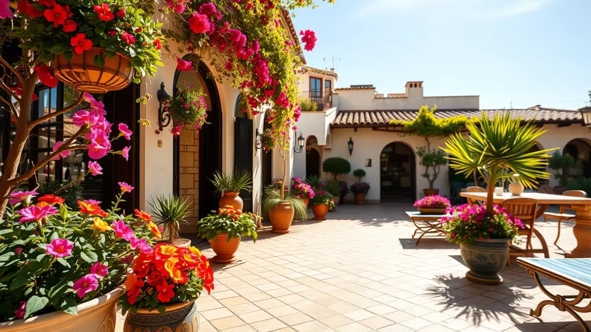 Image of a Cordoban patio with flowers and tiles, illuminated by spring sunlight.