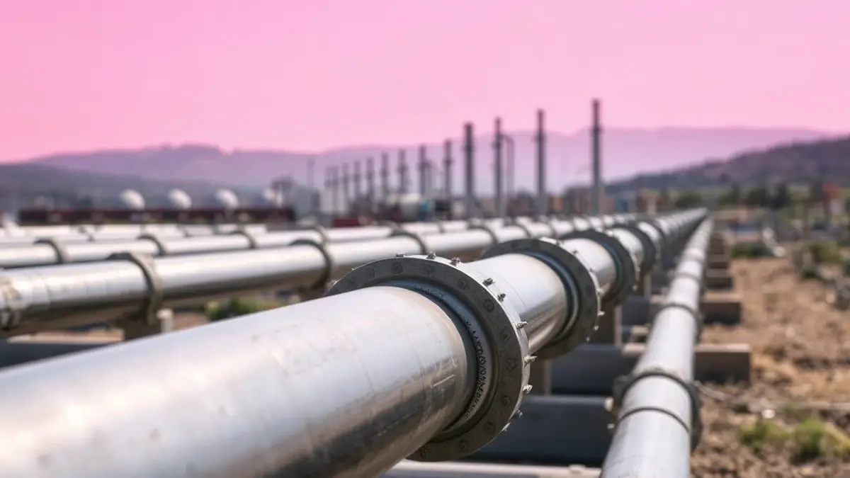 Imagen de tuberías industriales de acero, con un fondo borroso de una zona industrial.
