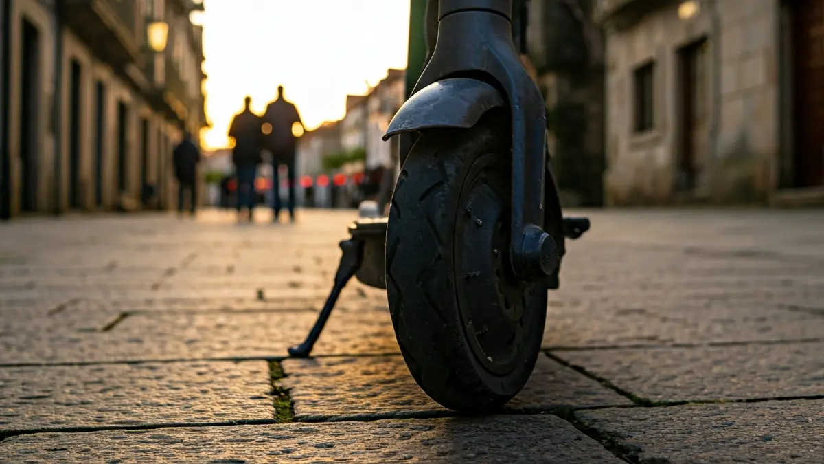 Imaxe xenérica dunha roda de patinete eléctrico nunha rúa de pedra en Galicia.