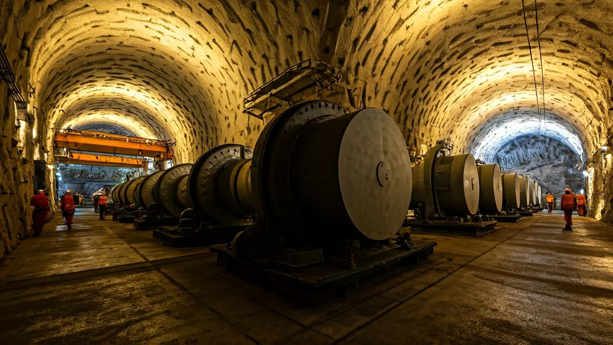 Imagen de una caverna subterránea con turbinas gigantes, representando el proyecto hidroeléctrico Conso II.