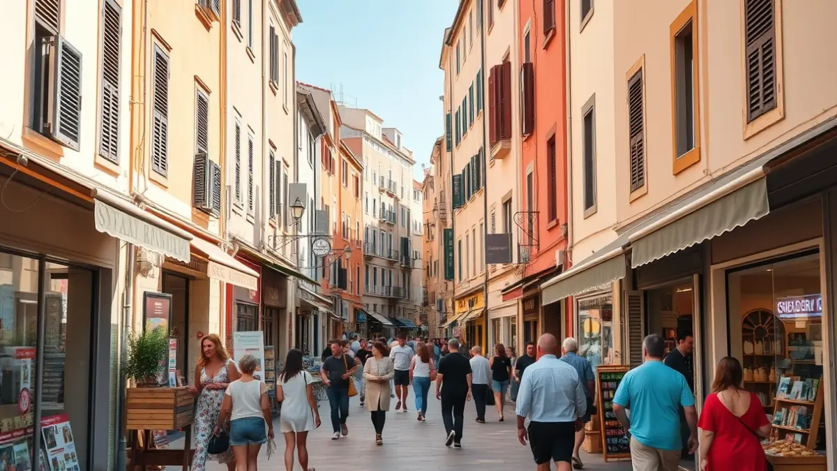 Imagen genérica de una calle comercial animada en una localidad mediterránea, con tiendas y peatones, sugiriendo actividad económica y recuperación.