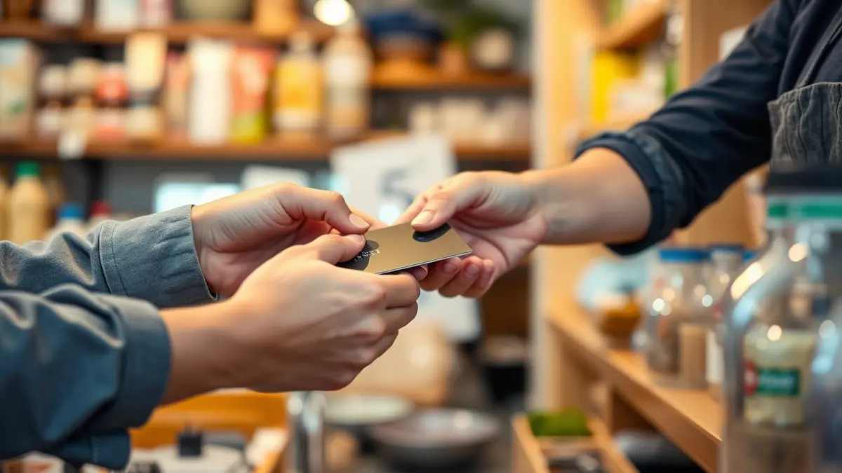 Generic image of a transaction at a local shop, with hands exchanging money or a credit card.