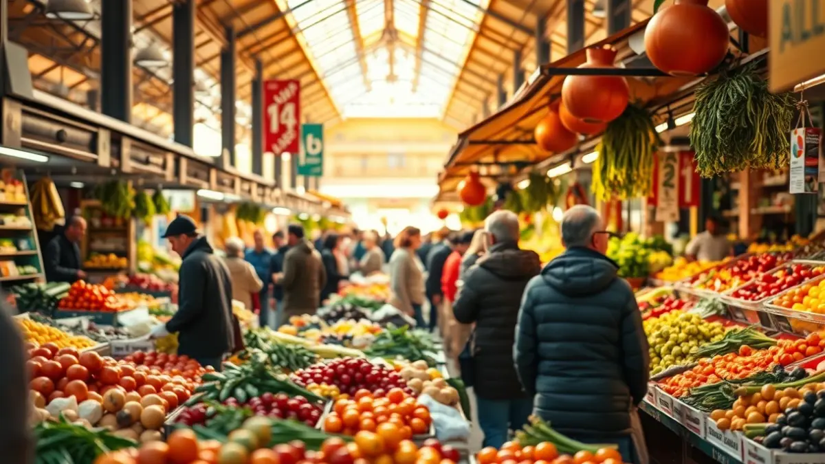 Imagen genérica de un mercado con puestos de productos frescos y gente comprando.