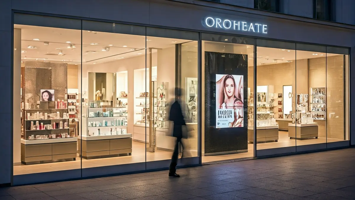 Image of a modern storefront displaying 'low cost' cosmetics and fashion items in large windows, with warm interior lighting.