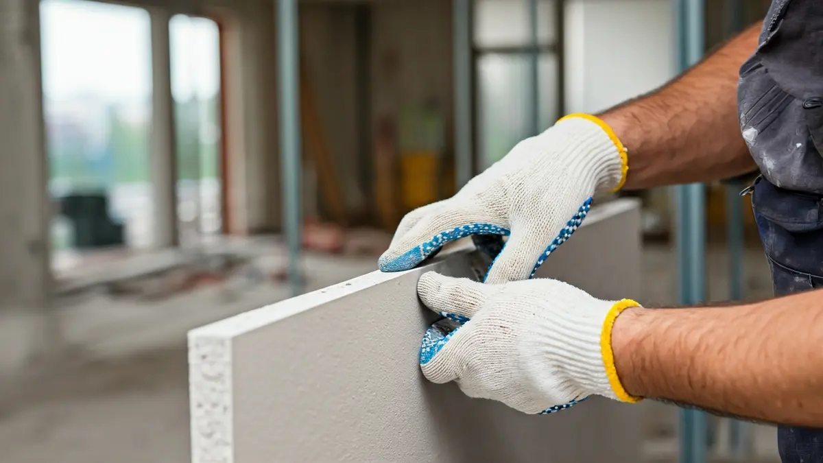 Imaxe xenérica dun traballador instalando unha placa de xeso laminado nunha obra.