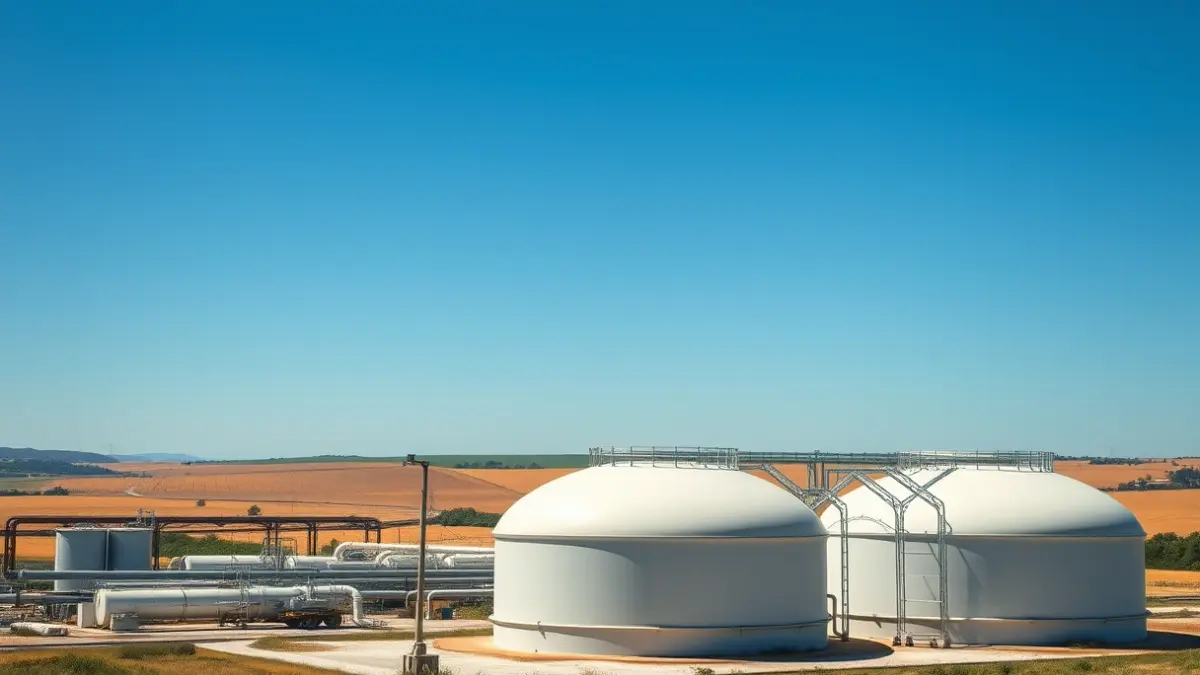 Imagen de una planta industrial de biometano en un entorno rural andaluz.