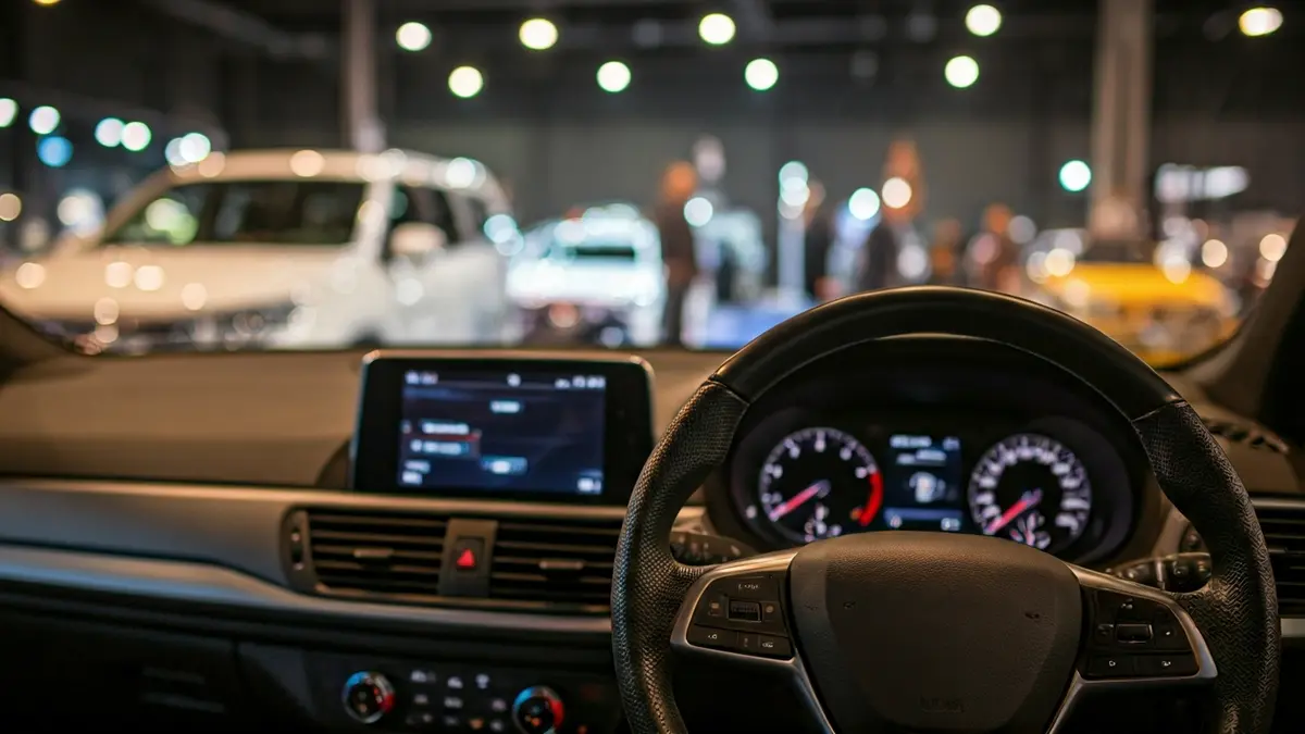 Imaxe xenérica do interior dun coche nun salón de exposición.
