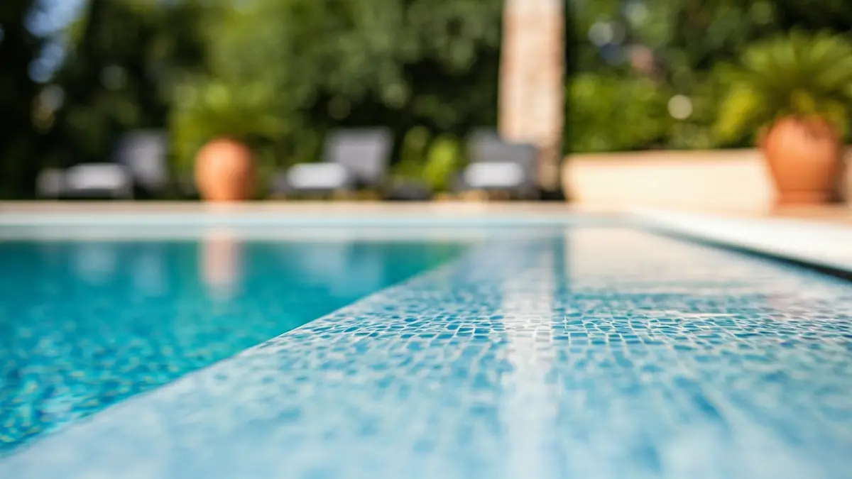 Imagen genérica de una piscina moderna con azulejos de porcelana de gran formato y agua azul.