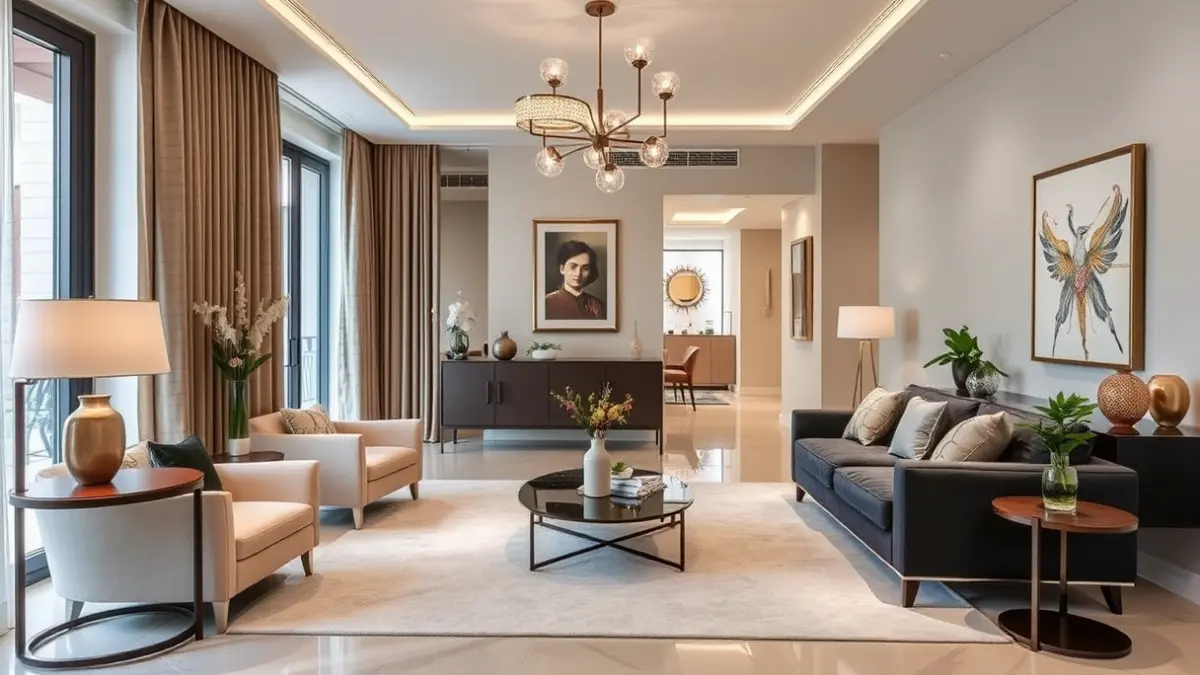 Image of a boutique apartment with modern design and elegant furniture, showroom atmosphere.