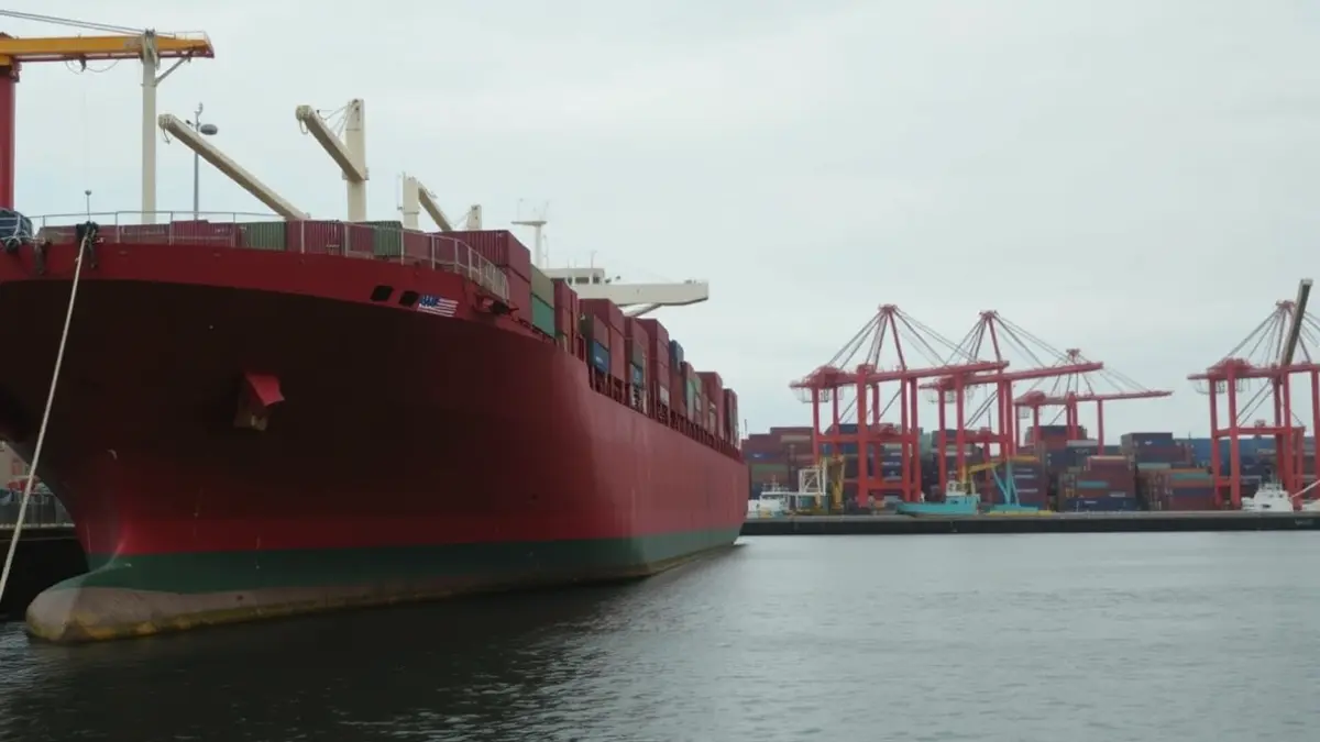 Imaxe xenérica dun porto comercial con guindastres e contedores.