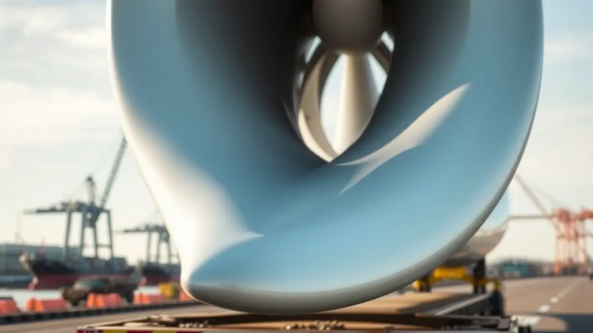 Imagen de una pala de aerogenerador siendo transportada en un puerto, con grúas al fondo.