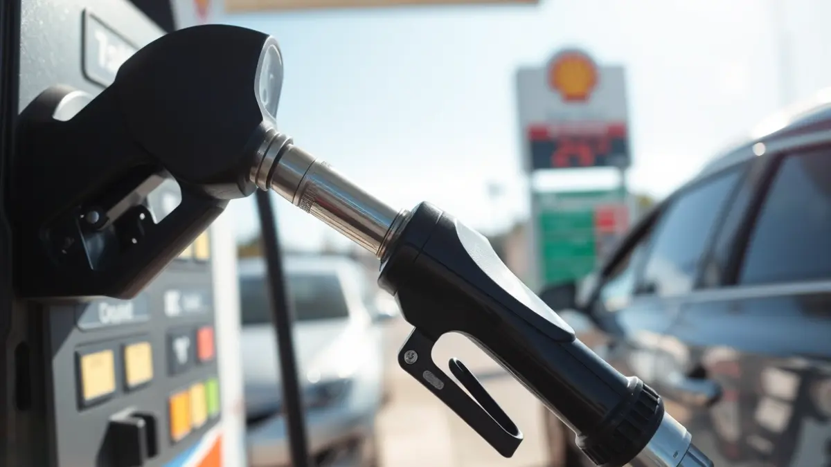 Generic image of a fuel pump nozzle with a gas station in the background.
