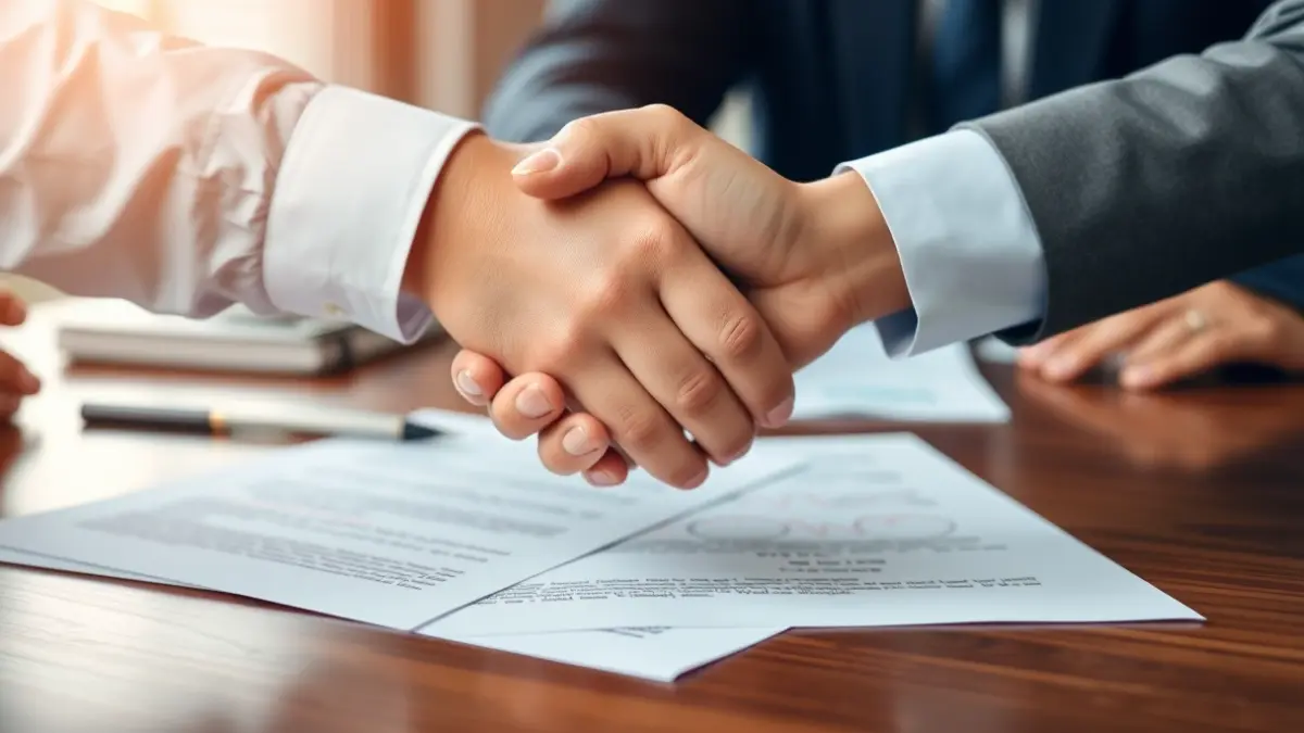 Imaxe xenérica de dúas mans estreitándose sobre un escritorio, simbolizando un acordo.