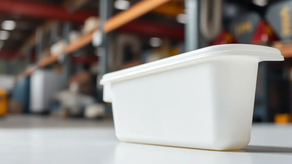 Imagen genérica de una pieza de polietileno fabricada por rotomoldeo, con un fondo industrial desenfocado.