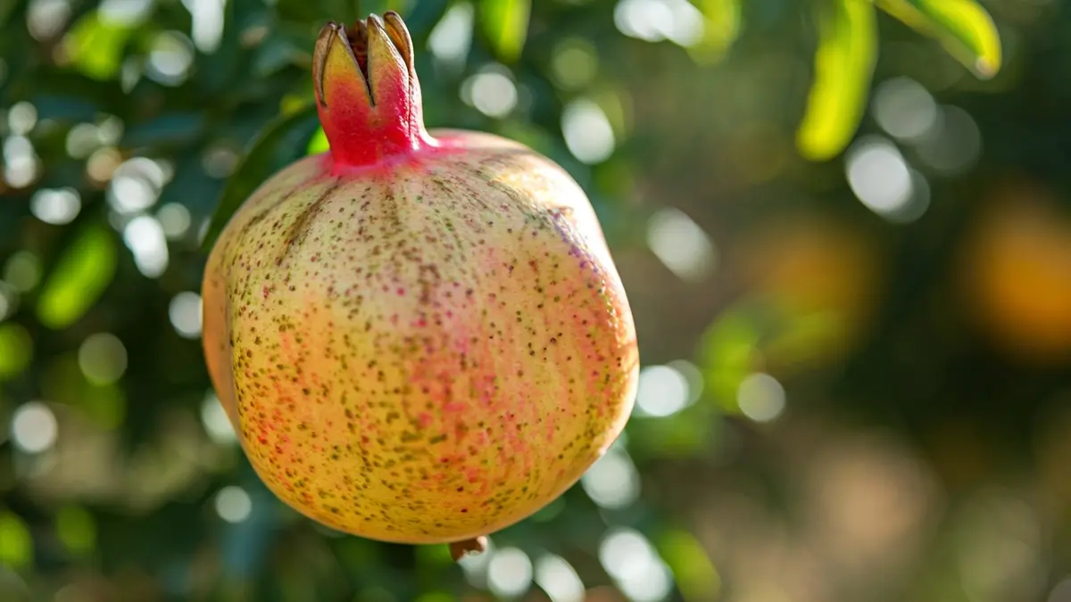 Image of an Elche Mollar pomegranate, with its characteristic skin and red arils.