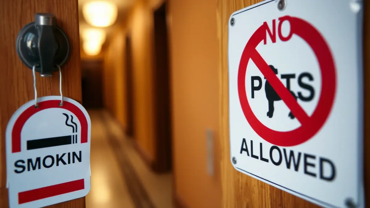 Imagen genérica de señales de prohibición de fumar y mascotas en una puerta de alquiler.