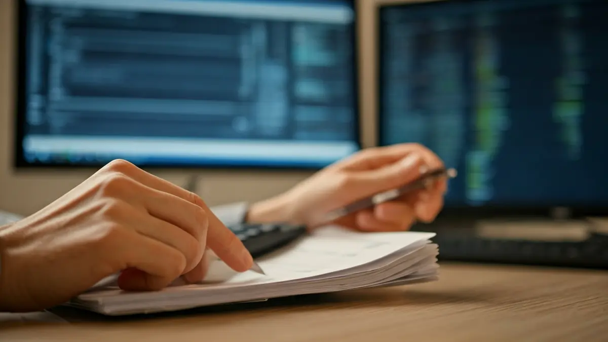 Imagen genérica de manos calculando nóminas y gestionando documentos financieros.