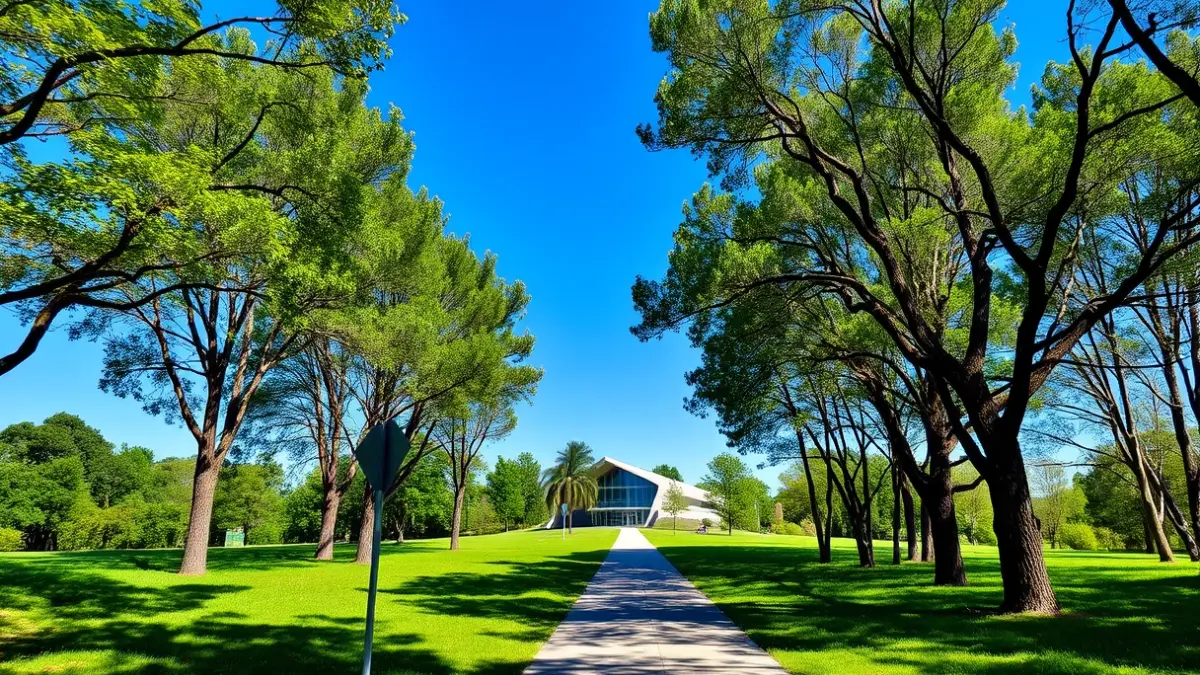 Imagen de un albergue moderno en un entorno natural, con árboles y un camino que conduce a él.