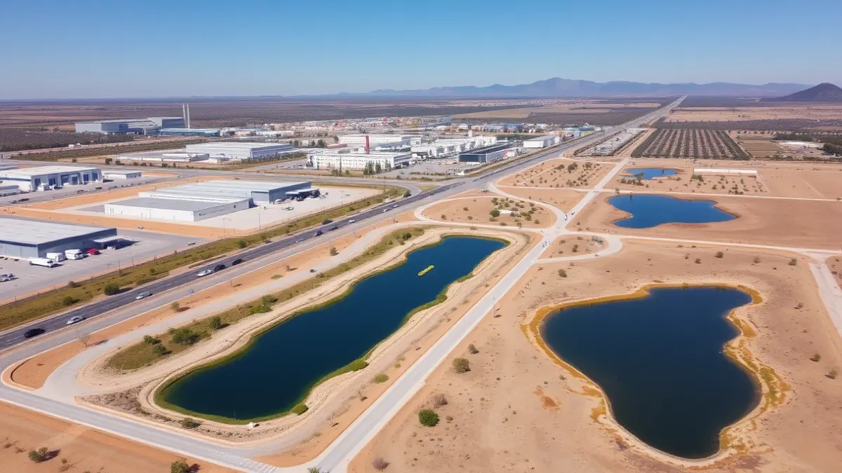 Aerial image of an industrial park with water management infrastructure in a Mediterranean landscape.