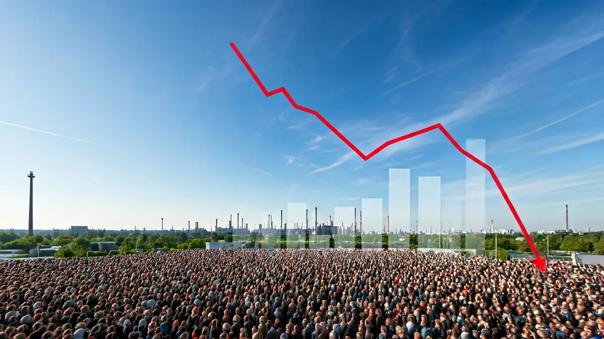 Gráfico de barras que muestra una tendencia a la baja del desempleo, con un polígono industrial de fondo.
