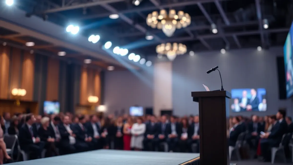Generic image of an awards ceremony in a convention center.