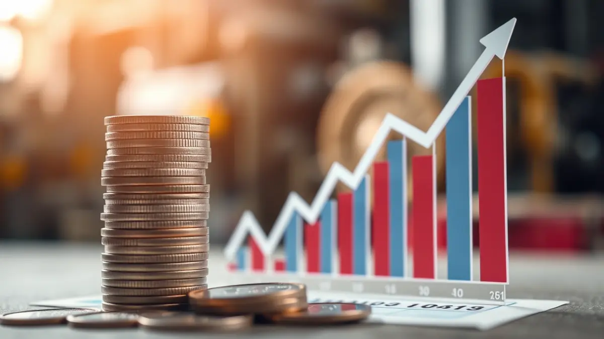 Generic image of coins and a downward-trending graph, with blurred industrial machinery in the background, symbolizing economic restructuring.
