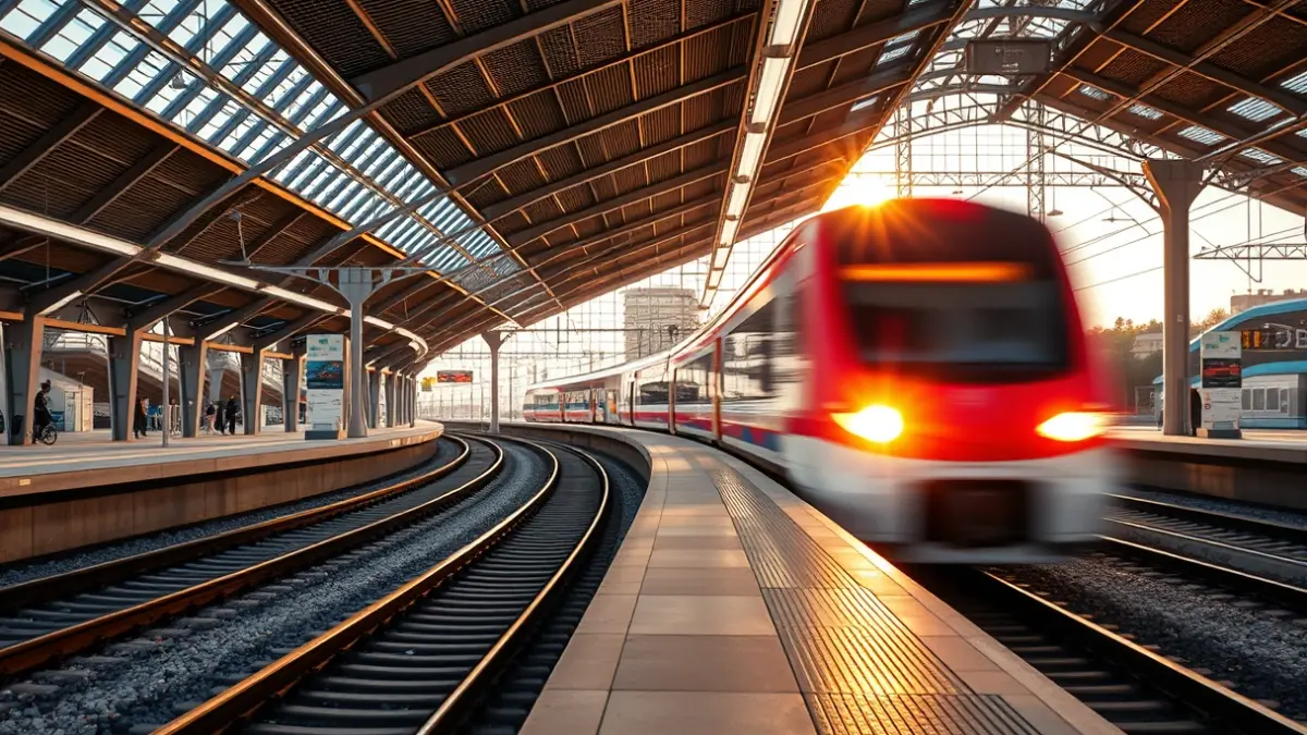Imaxe xenérica dunha plataforma de estación de tren moderna.