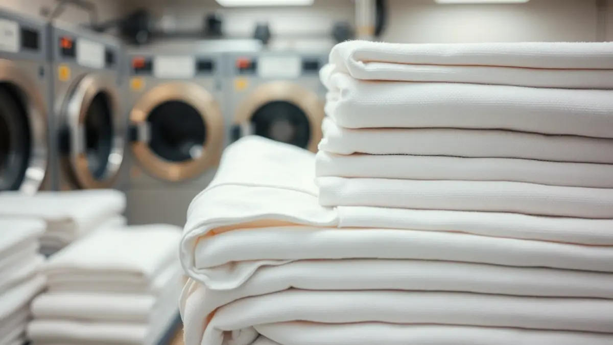 Generic image of clean, folded bed linen and towels in an industrial laundry.