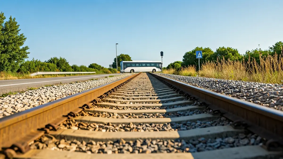 Imagen de vías de tren antiguas con hierba y grava, con un autobús desenfocado al fondo, simbolizando la falta de servicio ferroviario.