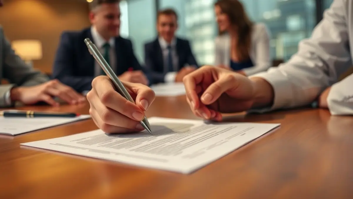 Generic image of a strategic planning meeting with documents and hands signing.