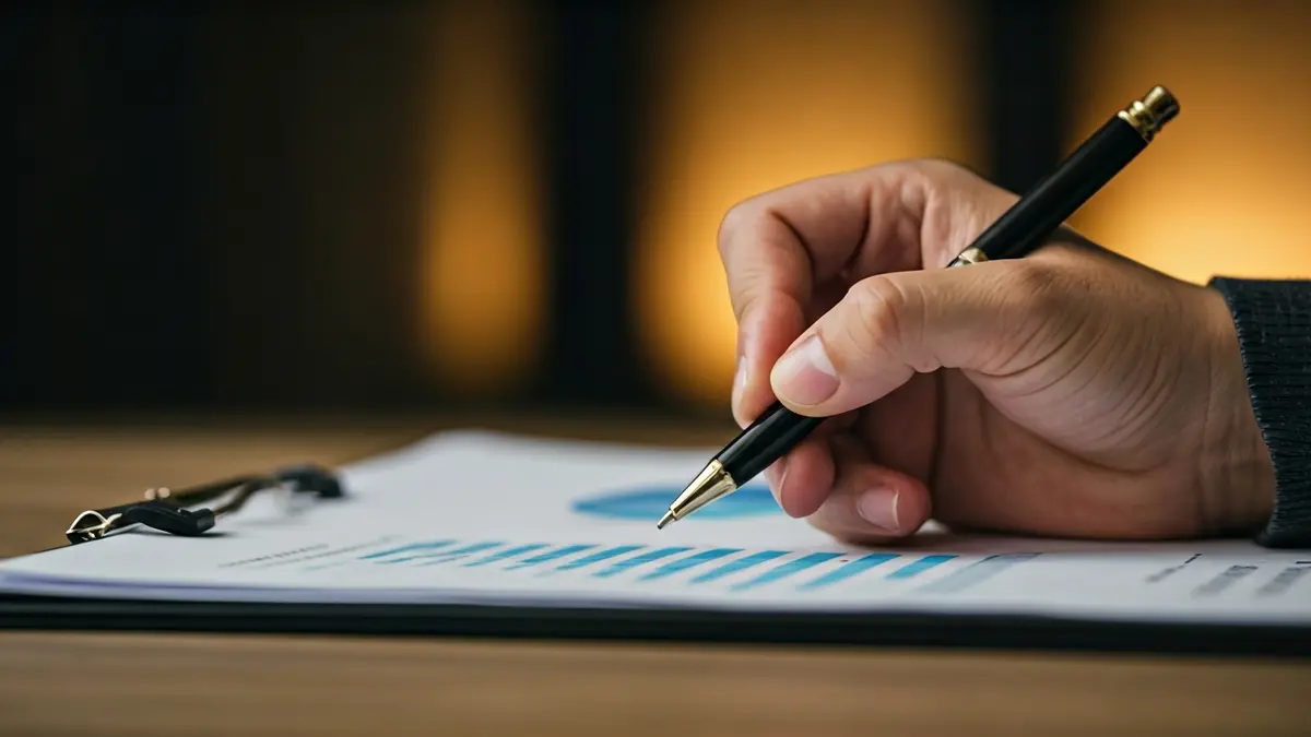 Generic image of a hand with a pen over a document with blurred charts and numbers, symbolizing economy and employment.