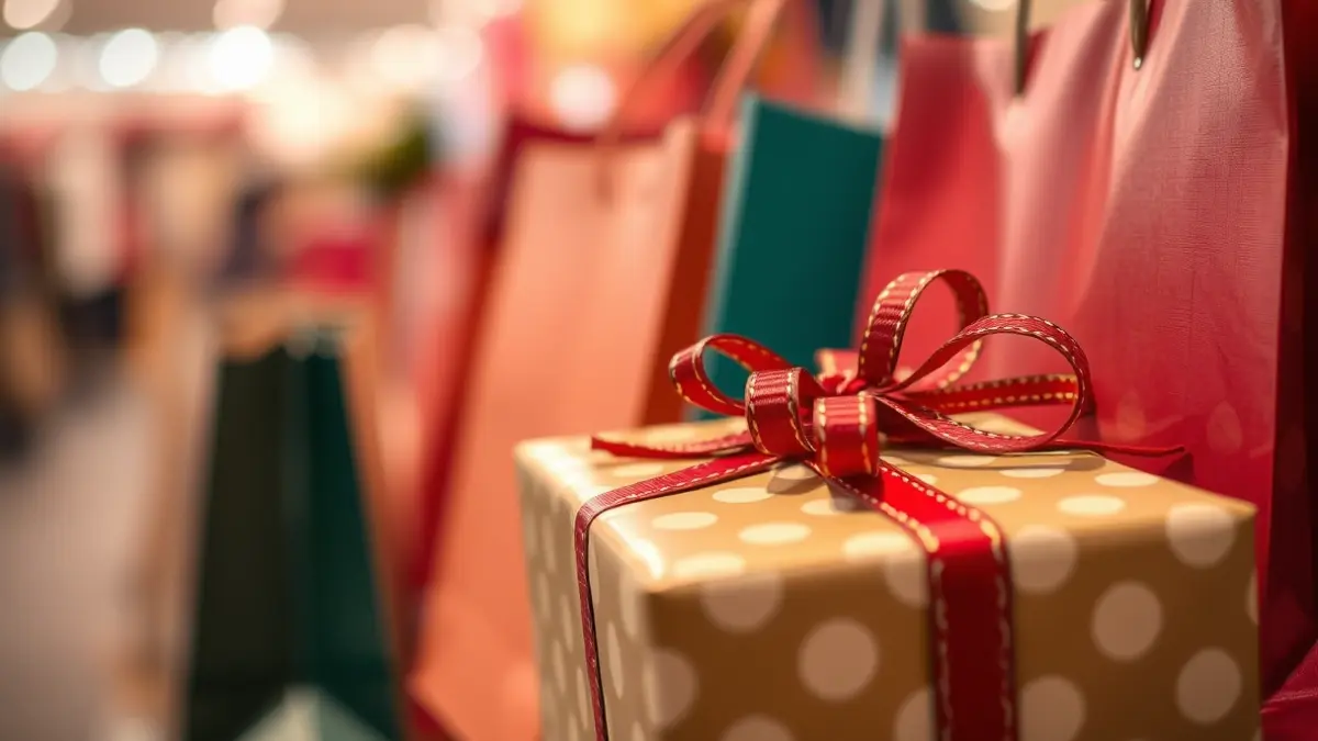 Imaxe xenérica dun agasallo envolto con bolsas de compra ao fondo.
