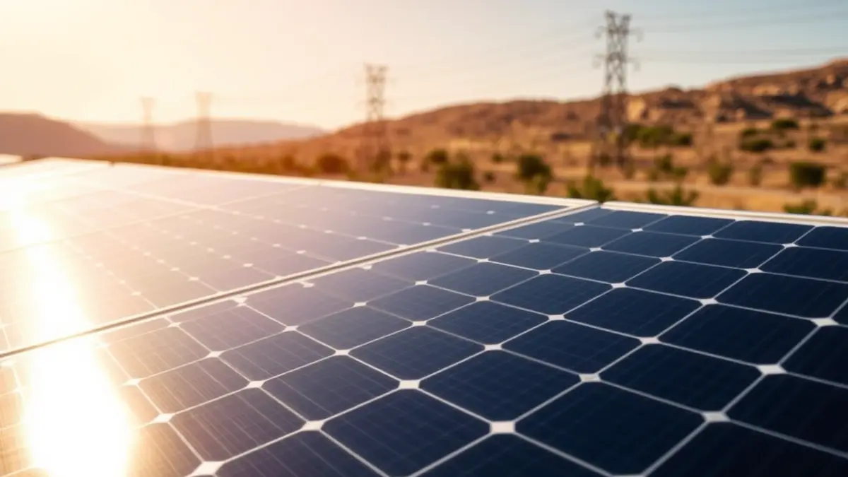 Imagen genérica de una instalación de paneles solares con líneas eléctricas al fondo, bajo un cielo soleado.