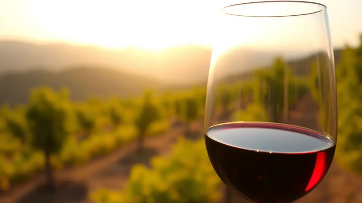 Imagen de una copa de vino tinto, con viñedos difuminados al fondo.