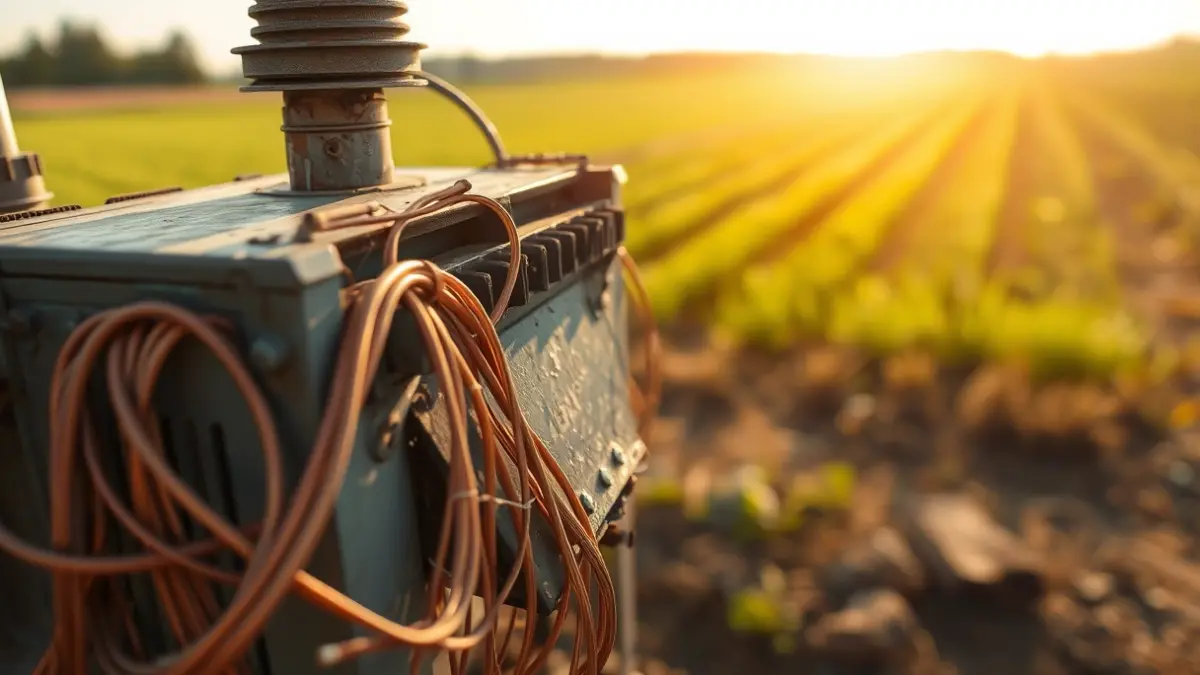 Imagen de un transformador eléctrico dañado y cableado de cobre en un campo, tras un robo.