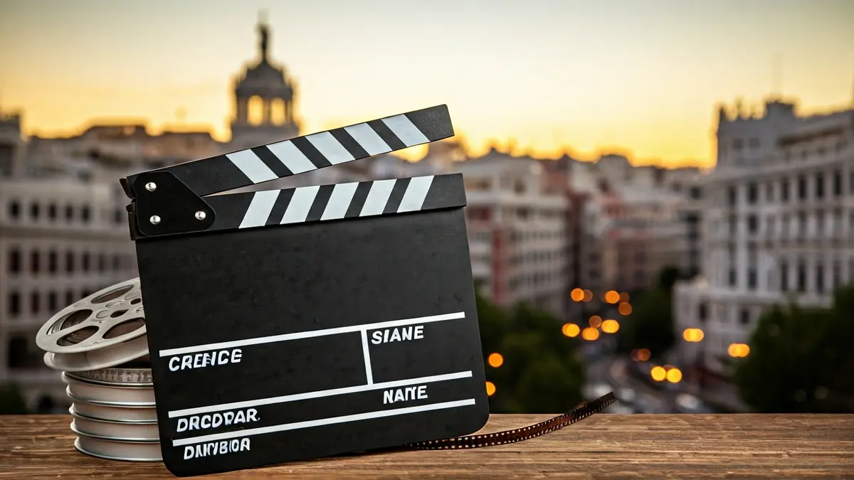 Film clapperboard and reels with Madrid skyline in the background.