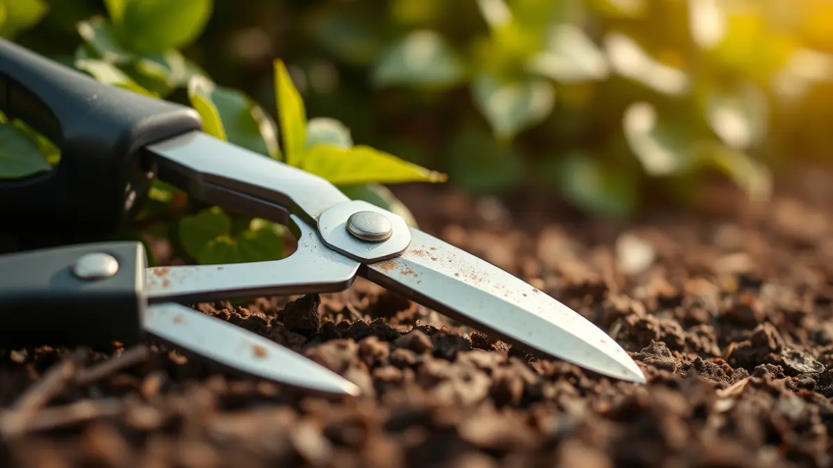 Generic image of gardening tools on rich soil.