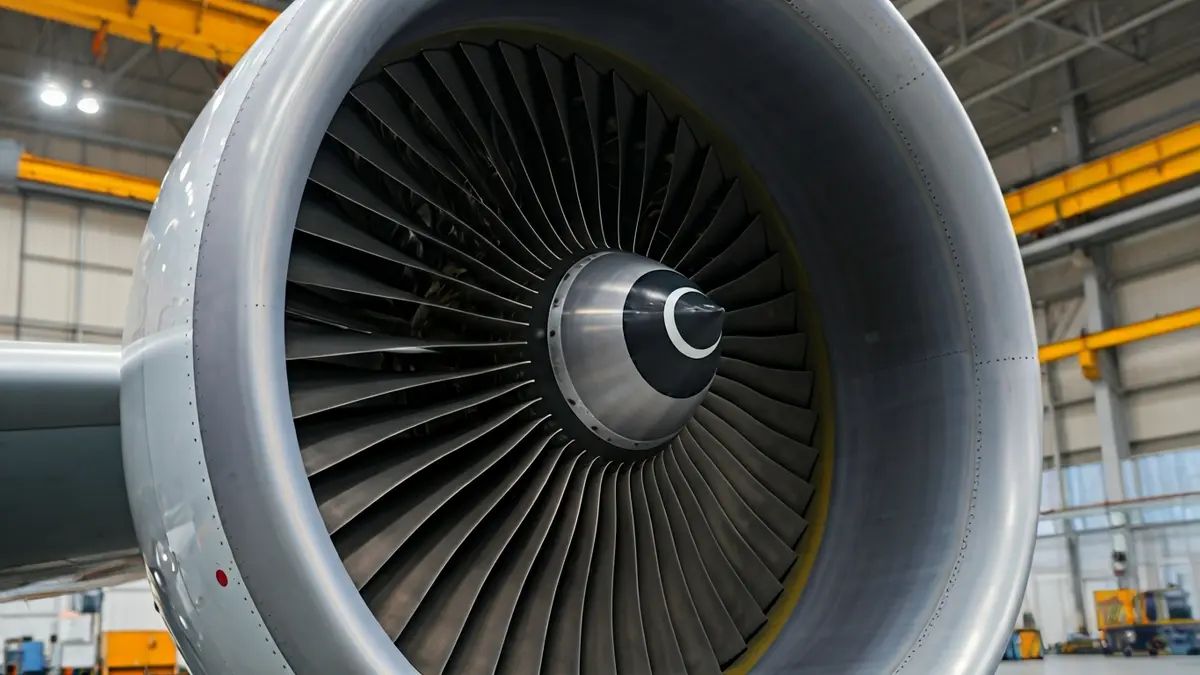 Generic image of an airplane engine turbine, with an industrial workshop in the background.