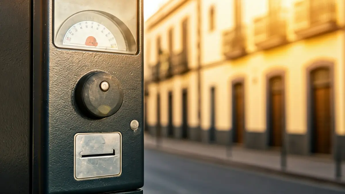 Imagen de un parquímetro en Las Palmas de Gran Canaria, con edificios al fondo.