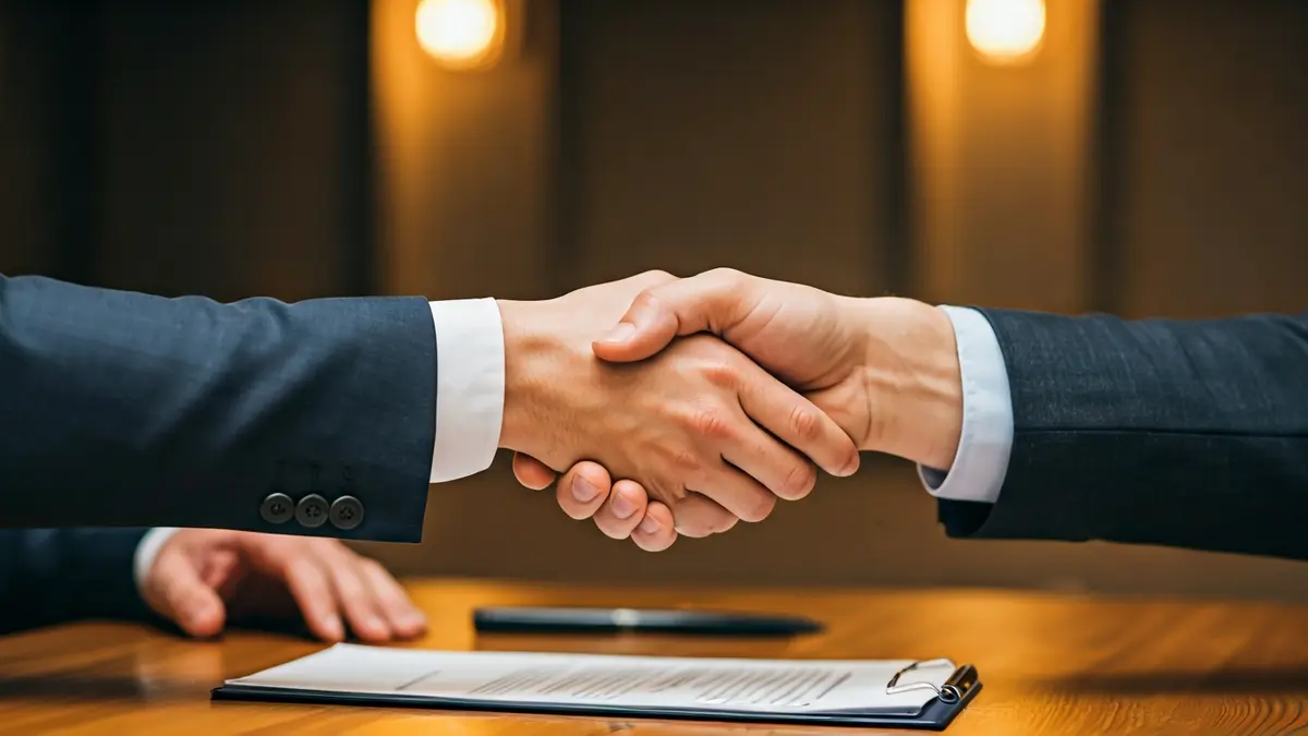 Imagen genérica de dos manos estrechándose sobre un papeleo, representando un acuerdo comercial.