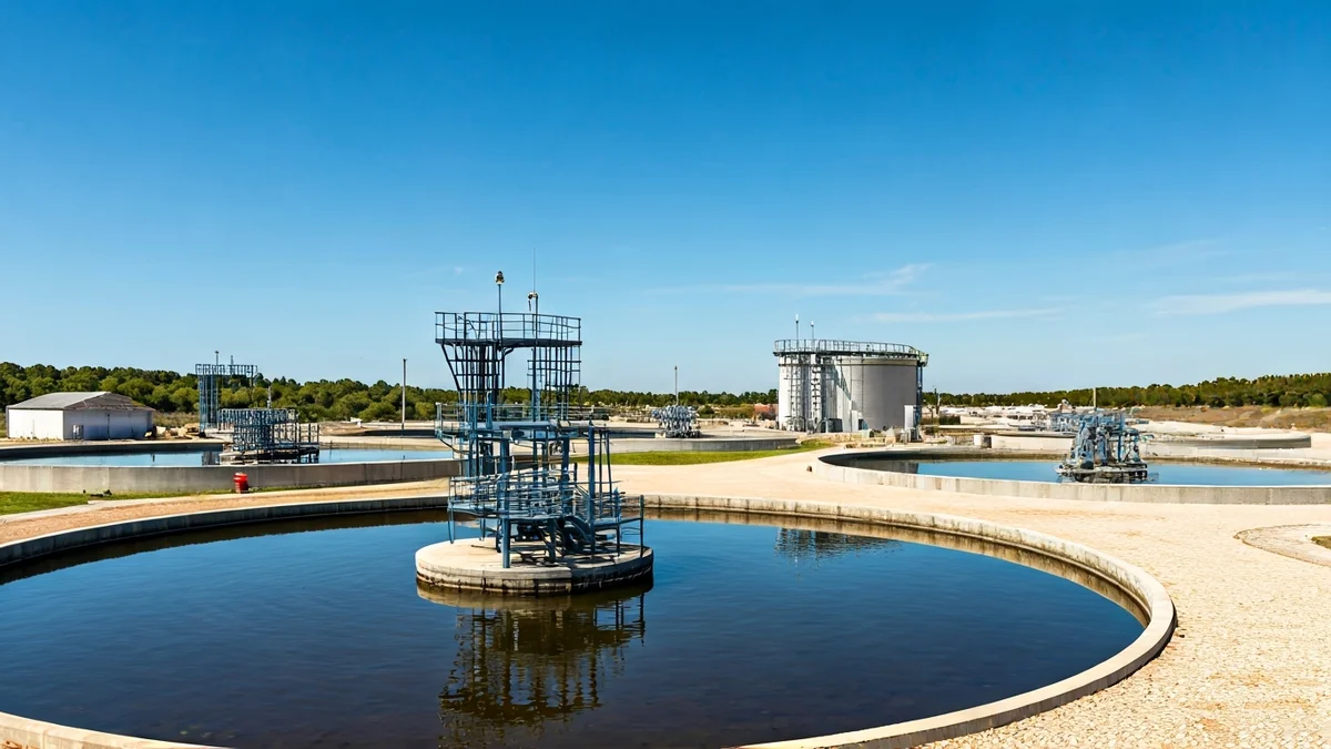 Imagen genérica de una planta de tratamiento de aguas residuales con tanques y tuberías.