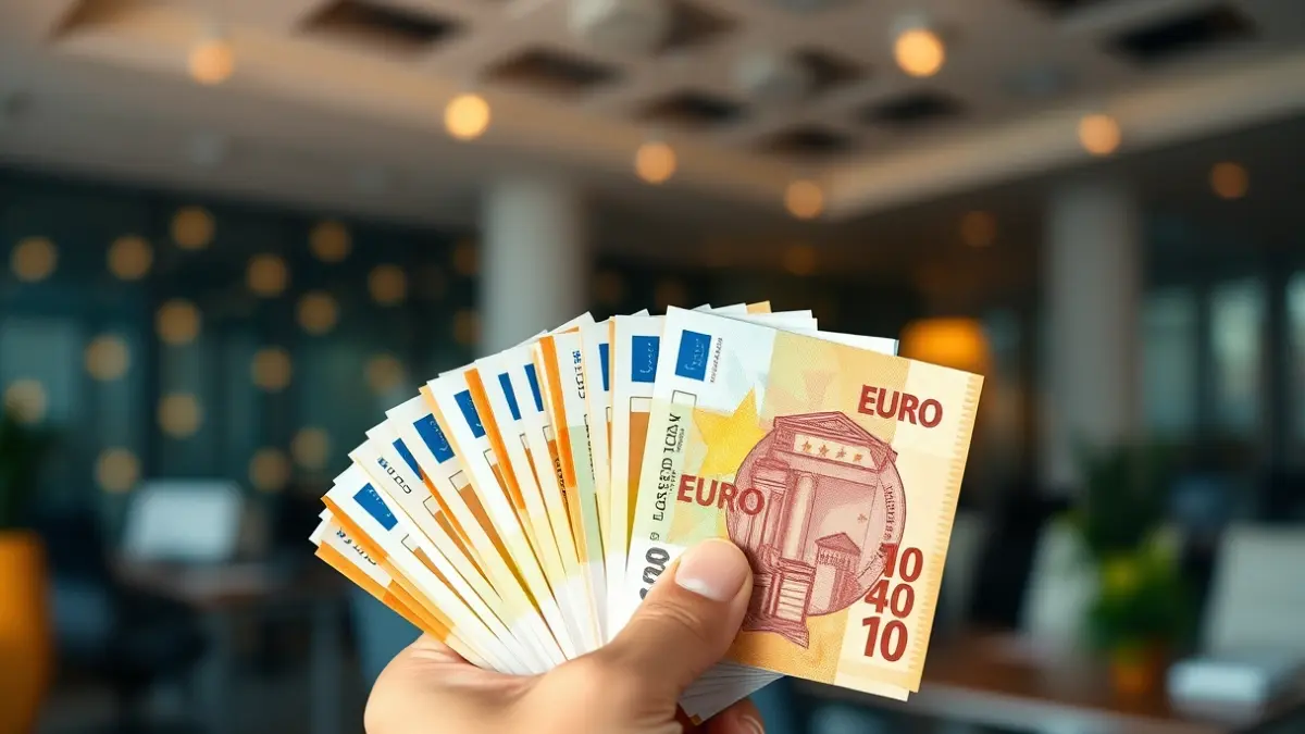 Generic image of a hand holding euro banknotes, with a blurred office background, symbolizing high salaries.