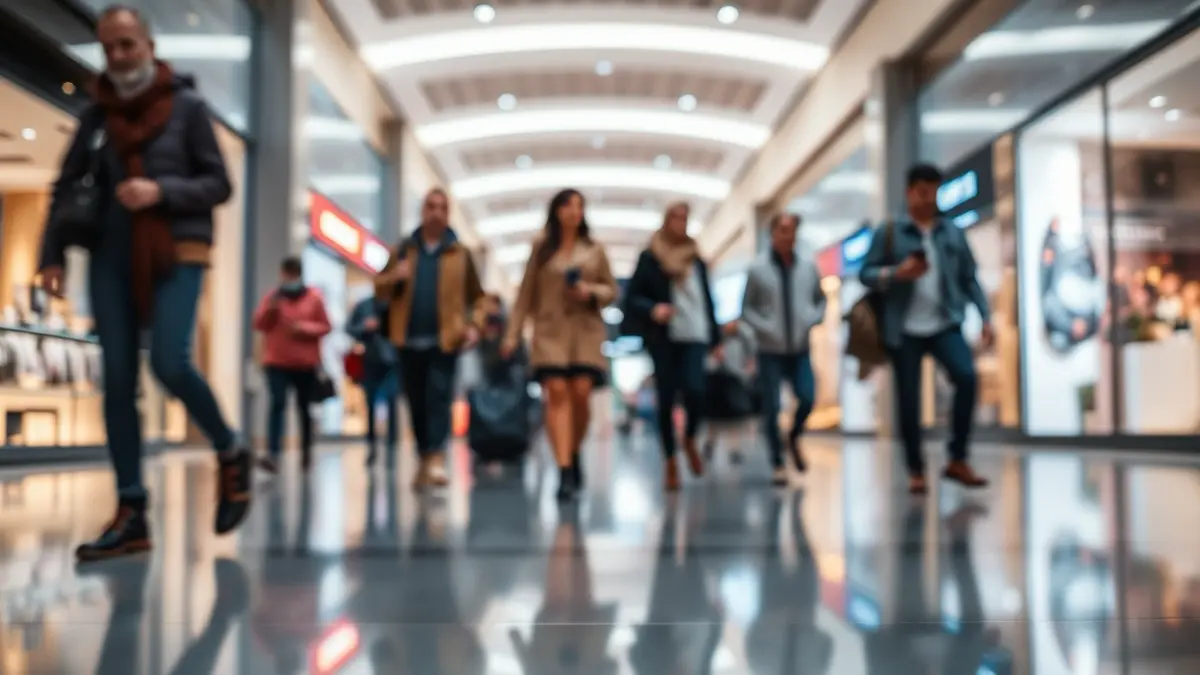 Generic image of a modern shopping mall interior with bright lights and blurred people.
