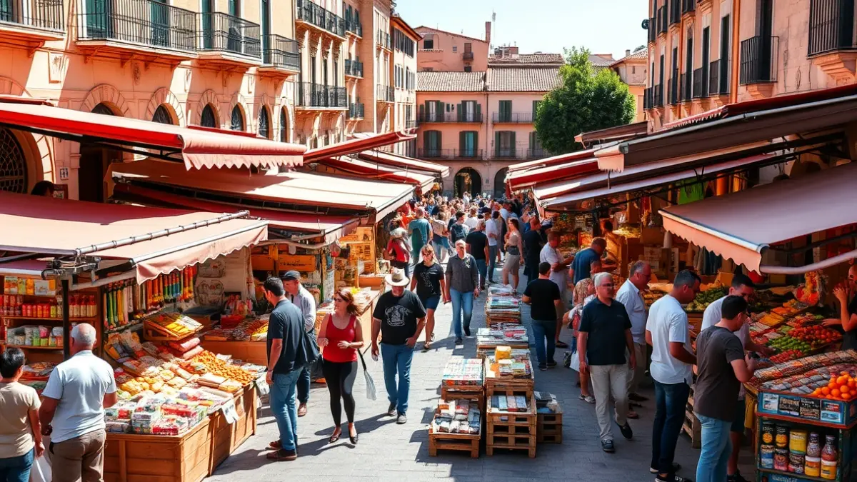 Generic image of an outdoor market with stalls and people shopping.